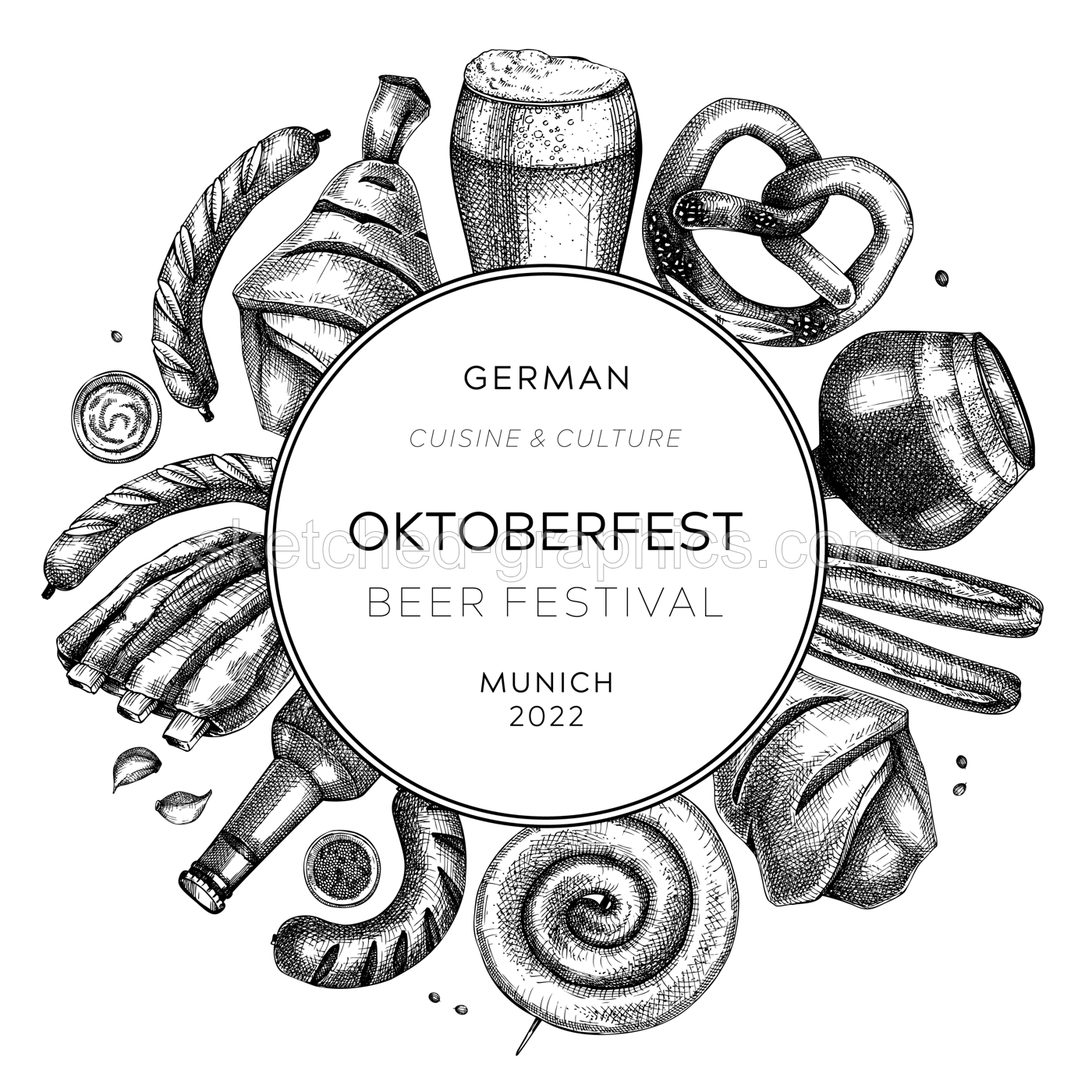 Oktoberfest background. German food and drinks menu design. Meat dishes sketches. German cuisine vintage wreath. Traditional beer festival sketched illustration. Oktoberfest party frame Illustration